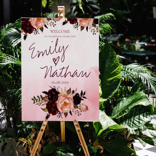 Blush Pink Burgundy Bloral Wedding Welcome Poster