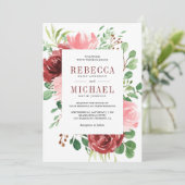 Blush Pink Burgundy Floral All in one Wedding Einladung (Stehend Vorderseite)