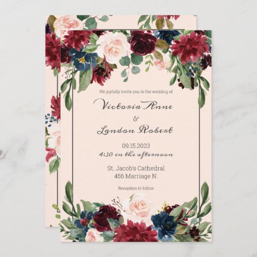 Blush Pink Burgundy Floral Elegantes Script Hochze Einladung (Vorne/Hinten)