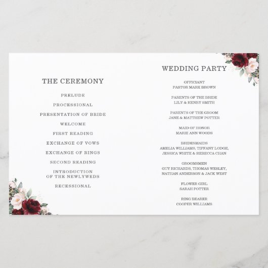 Blush Pink Burgundy Floral Folded Wedding Programm (Rückseite)