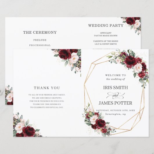 Blush Pink Burgundy Floral Folded Wedding Programm (Vorne/Hinten)