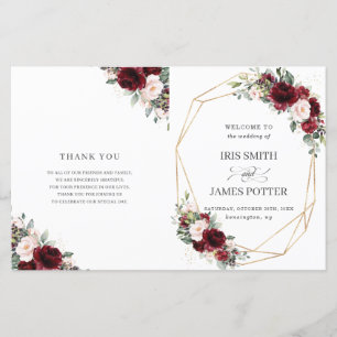 Blush Pink Burgundy Floral Folded Wedding Programm