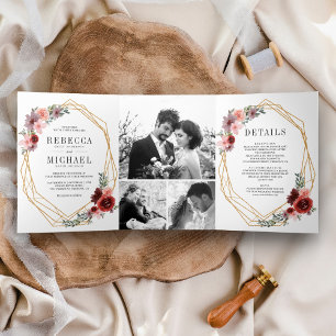 Blush Pink Burgundy Floral Foto Collage Hochzeit Dreifach Gefaltete Einladung