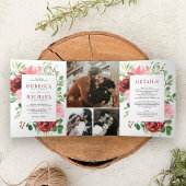 Blush Pink Burgundy Floral Foto Collage Hochzeit Dreifach Gefaltete Einladung