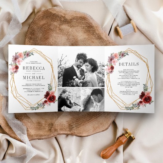 Blush Pink Burgundy Floral Foto Collage Hochzeit Dreifach Gefaltete Einladung