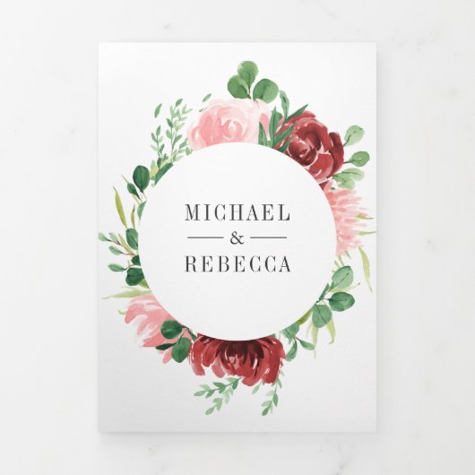Blush Pink Burgundy Floral Foto Collage Hochzeit Dreifach Gefaltete Einladung (Cover)