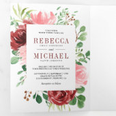 Blush Pink Burgundy Floral Foto Collage Hochzeit Dreifach Gefaltete Einladung (Innen Erste Seite)