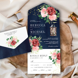 Blush Pink Burgundy Floral Lantern Marine Hochzeit All In One Einladung