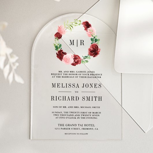 Blush Pink Burgundy Floral Navy Blue Wedding Acryleinladungen