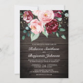 Blush Pink Burgundy Floral QR Code Wood Wedding Einladung (Vorderseite)