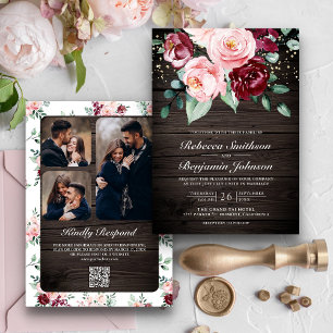 Blush Pink Burgundy Floral QR Code Wood Wedding Einladung