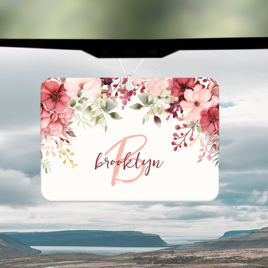 Blush Pink Burgundy Floral Script Monogram Autolufterfrischer