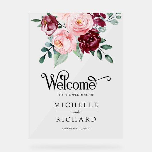 Blush Pink Burgundy Floral Wedding Welcome Acrylschild (Vorderseite)