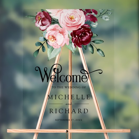 Blush Pink Burgundy Floral Wedding Welcome Acrylschild (Neutral)