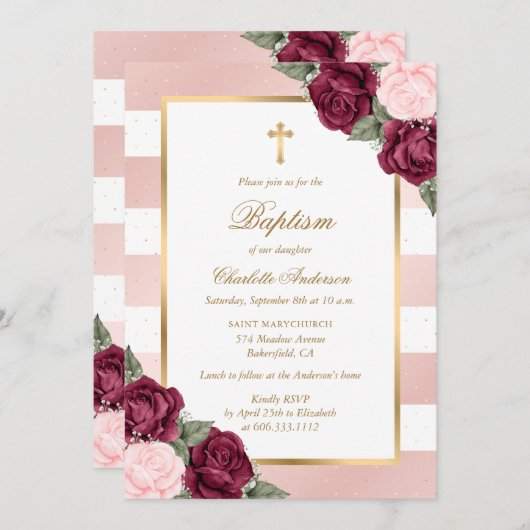 Blush Pink Burgundy Gold Floral Taufe Einladung (Vorne/Hinten)