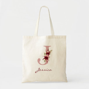 Blush Pink Burgundy Letter J Floral Tragetasche