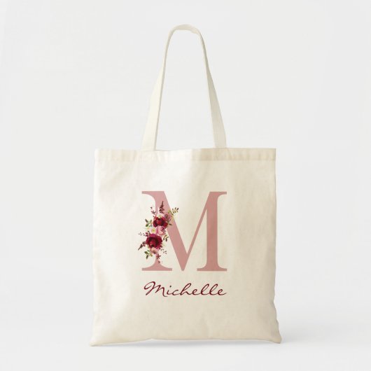Blush Pink Burgundy Letter M Floral Tragetasche (Vorne)