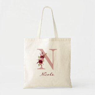 Blush Pink Burgundy Letter N Floral Tragetasche
