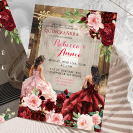 Blush Pink Burgundy Red Floral Twins Quinceañera Einladung