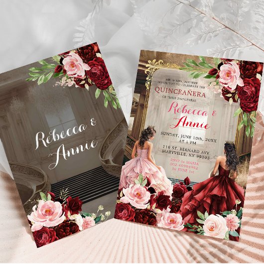 Blush Pink Burgundy Red Floral Twins Quinceañera Einladung