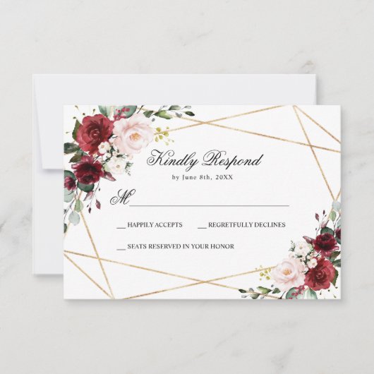 Blush Pink & Burgundy Rose Wedding RSVP Card (Vorderseite)