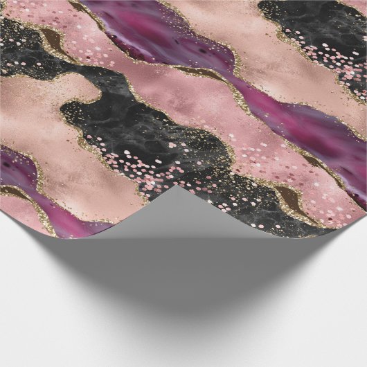 Blush Pink Burgundy Wine Gold Schwarzer Glitzer Geschenkpapier (Ecke)