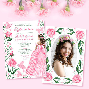 Blush Pink Butterfets Prinzessin Foto Quinceanera Einladung