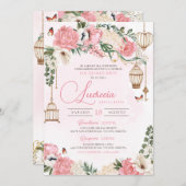 Blush Pink Butterfly Floral Elegantes Quinceañera Einladung (Vorne/Hinten)