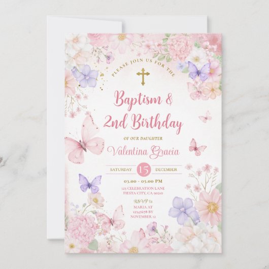 Blush Pink Butterfly Girl 2nd Birthday Baptism Einladung (Vorderseite)