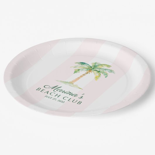 Blush Pink Cabana Stripes Palm Beach Club Birthday Pappteller (Schrägansicht)