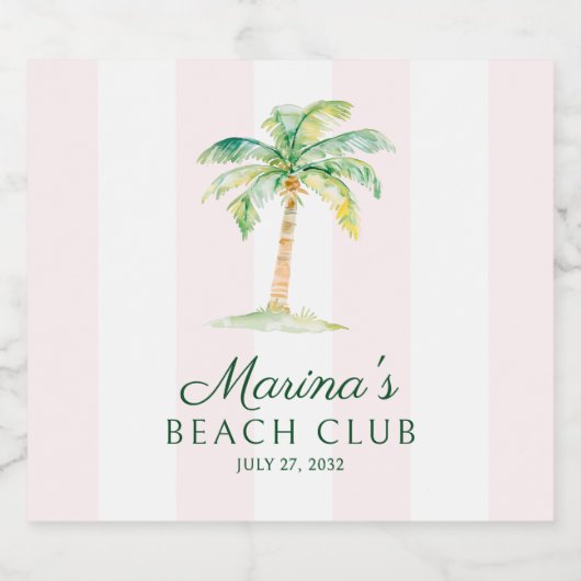 Blush Pink Cabana Stripes Palm Beach Club Birthday Schaumweinetikett (Einzelnes Label)