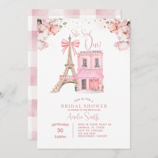 Blush Pink Café Paris Bow Eiffel Brautparty Einladung (Vorne/Hinten)