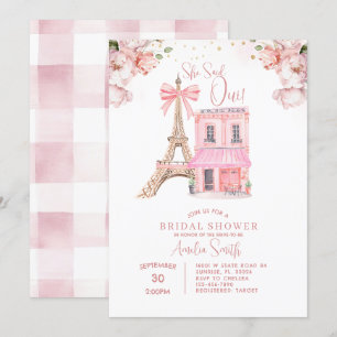 Blush Pink Café Paris Bow Eiffel Brautparty Einladung