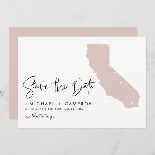 Blush Pink California Map Modernes Minimalistische Save The Date (Vorne/Hinten)