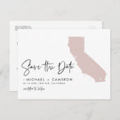 Blush Pink California Map Skript Save the Date Ankündigungspostkarte (Vorne/Hinten)