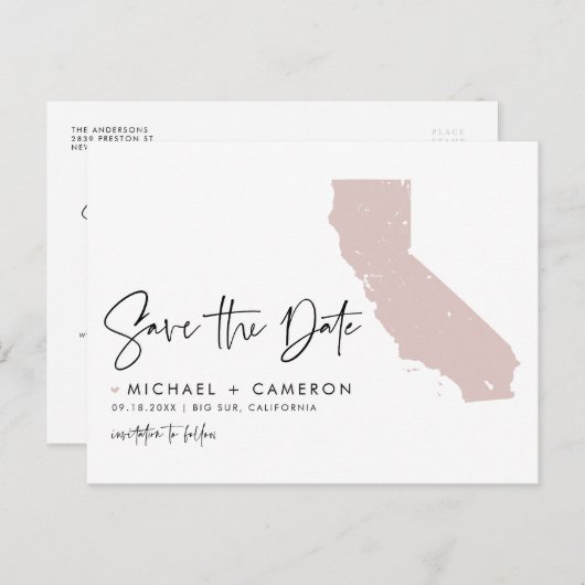 Blush Pink California Map Skript Save the Date Ankündigungspostkarte (Vorne/Hinten)