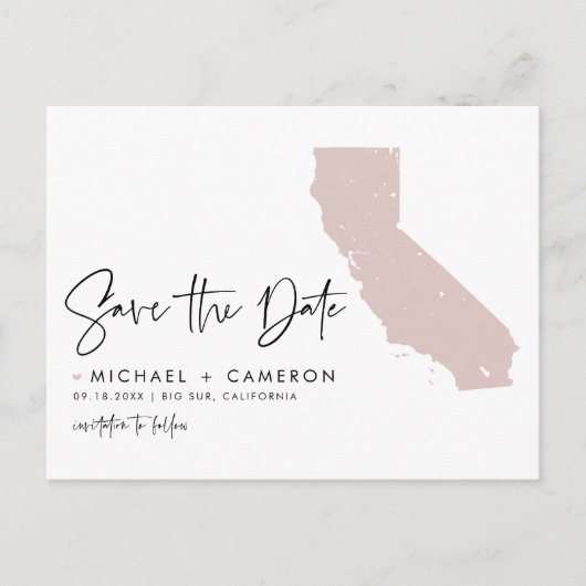 Blush Pink California Map Skript Save the Date Ankündigungspostkarte (Vorderseite)