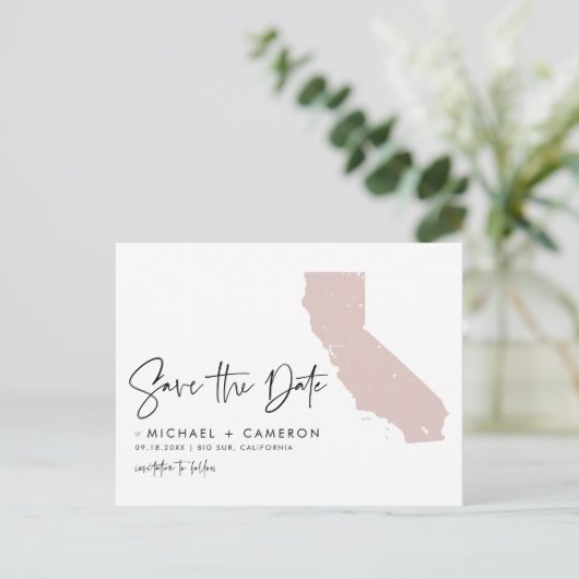 Blush Pink California Map Skript Save the Date Ankündigungspostkarte (Stehend Vorderseite)