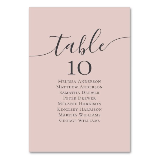 Blush Pink Calligraphy Wedding Table Seating Chart Tischnummer (Rückseite)
