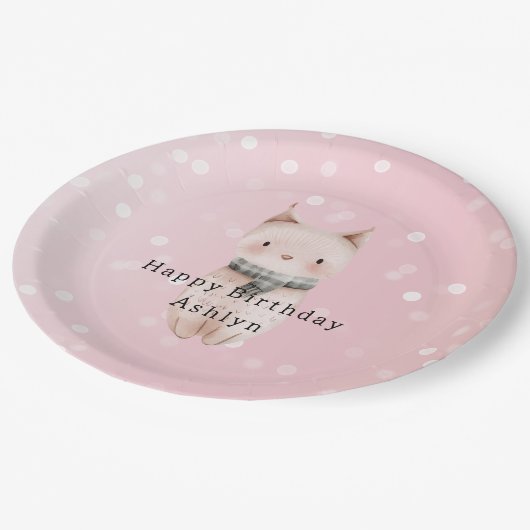 Blush Pink Cat Confetti Dots Birthday Pappteller (Schrägansicht)