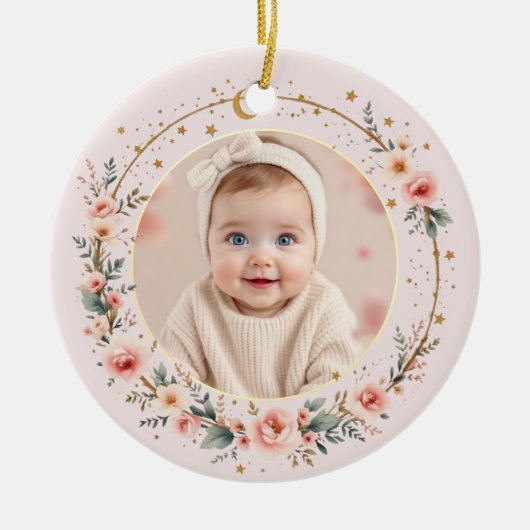 Blush Pink Celestial Baby First Christmas Photo Keramik Ornament (Vorne)