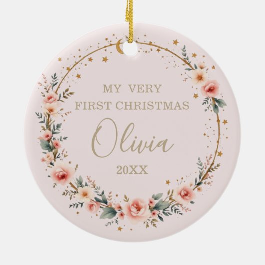 Blush Pink Celestial Baby First Christmas Photo Keramik Ornament (Hinten)