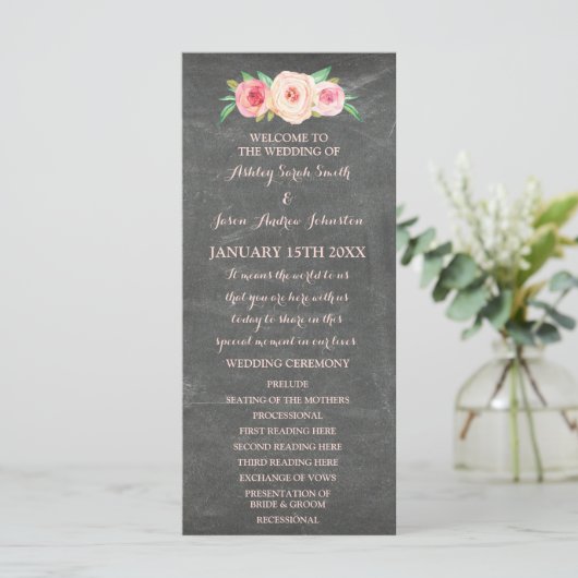 Blush Pink Chalkboard Floral Wedding Programm (Stehend Vorderseite)