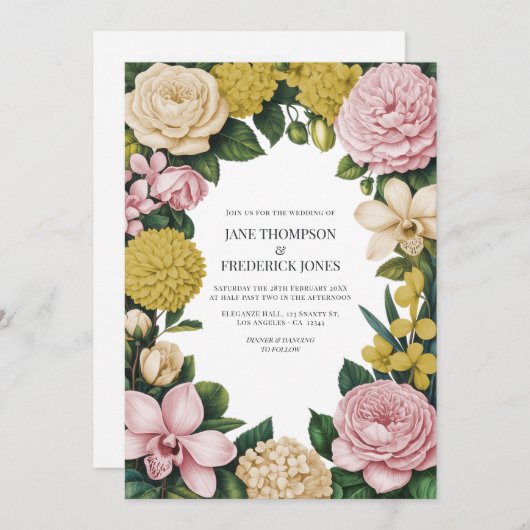 Blush Pink, Champagne & Gold Floral Wedding Einladung (Vorne/Hinten)