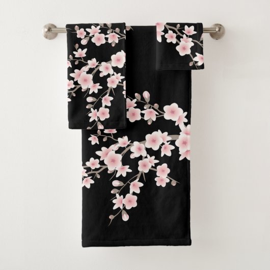 BLUSH Pink Cherry Blossom Black Badhandtuch Set (Insitu)