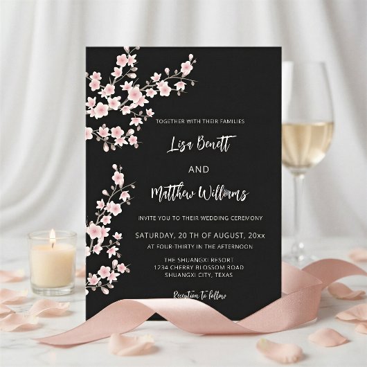 Blush Pink Cherry Blossom Black Einladung
