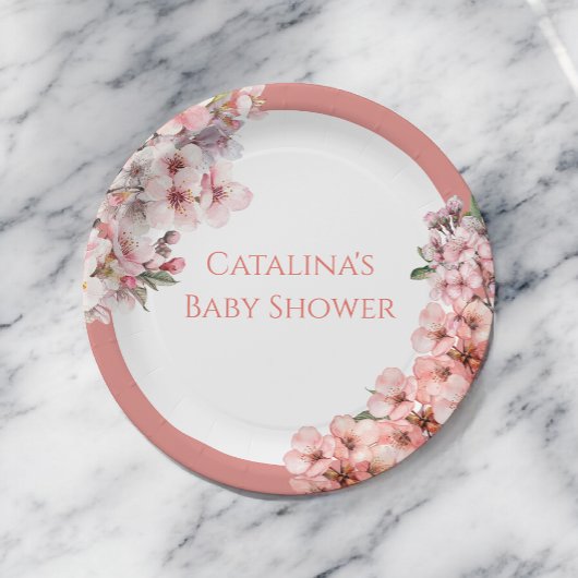 Blush Pink Cherry Blossom Elegant Babydusche Pappteller