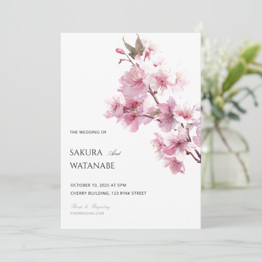 Blush Pink Cherry Blossom Flower Japanese Wedding Einladung (Stehend Vorderseite)