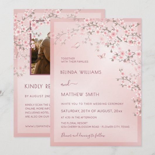 Blush Pink Cherry Blossom Photo Wedding Einladung (Vorne/Hinten)