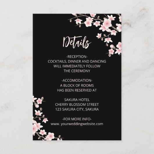 Blush Pink Cherry Blossoms Black Wedding Details Begleitkarte (Vorderseite)
